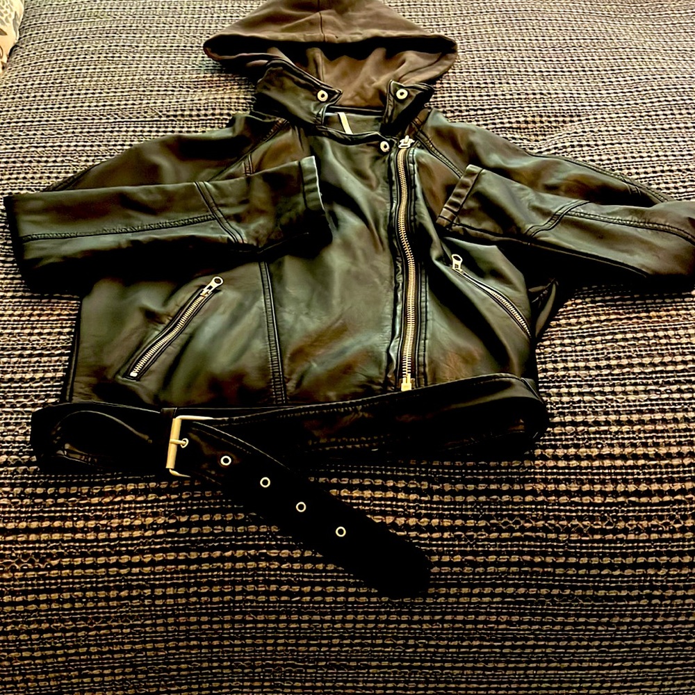 Free People faux leather black motorcycle jacket with hood